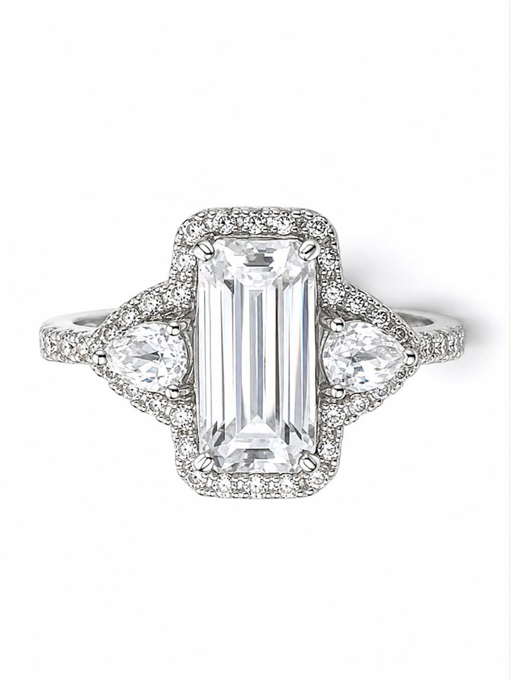 Emerald-Cut Halo Engagement Ring in Silver with Pear Side Stones